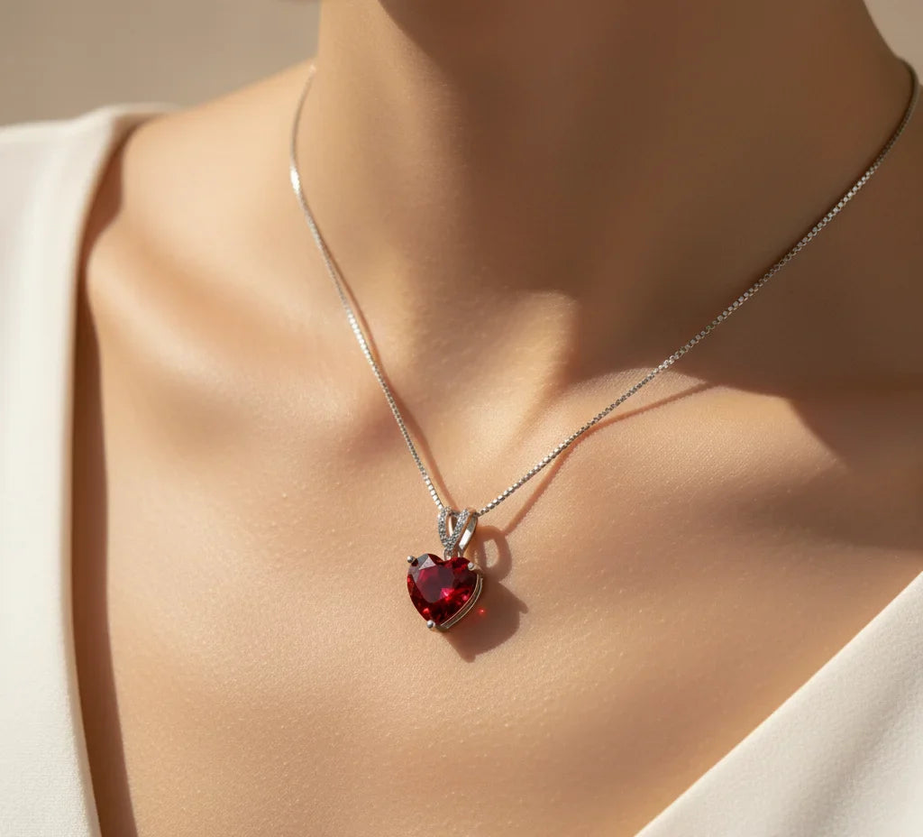 Aurilyn pendant necklace in gold vermeil with zircon stones, worn on woman’s neck, warm natural lighting, elegant minimalist style, close-up view