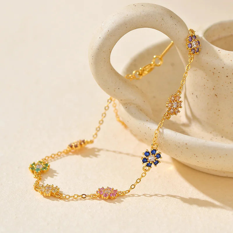 Multi-Colour Flower Bracelet 18K Gold Plated 925 Sterling Silver