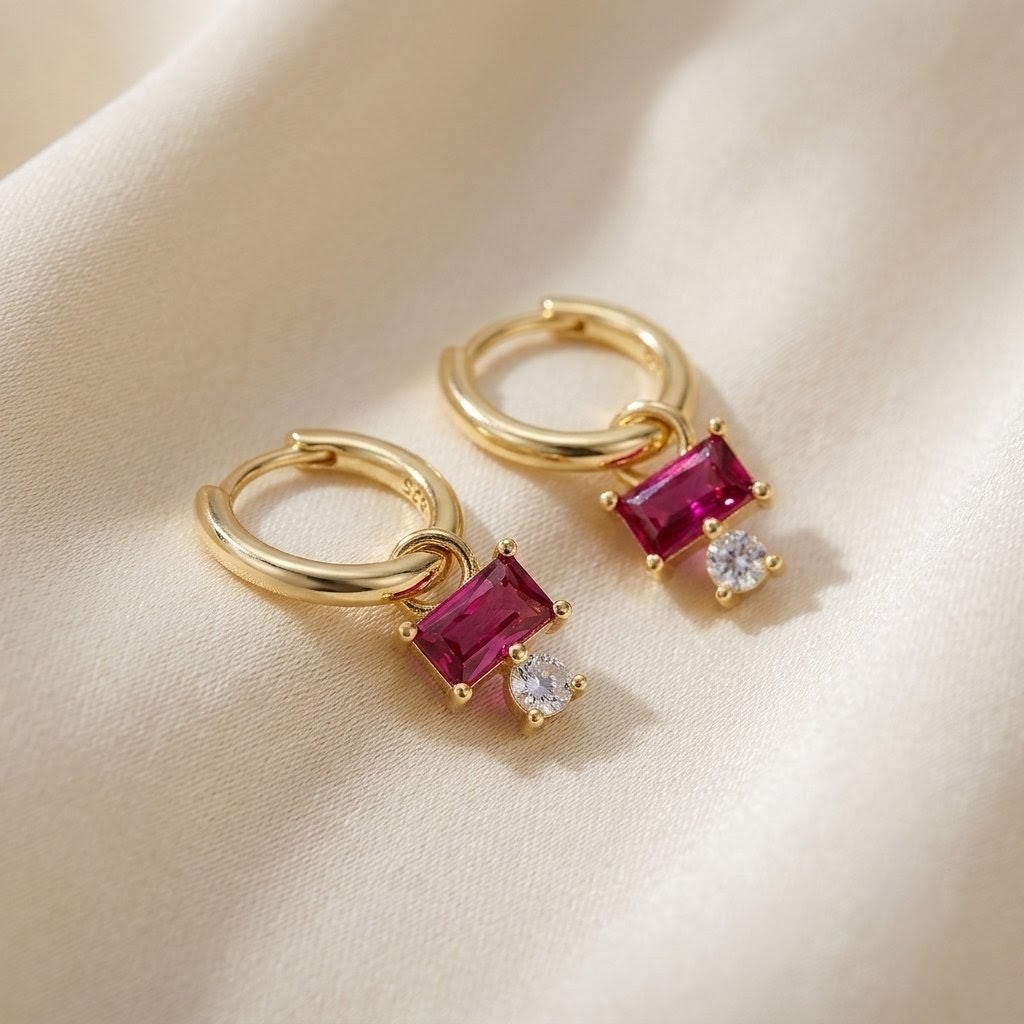 Ruby Red Drop Hoop Earrings