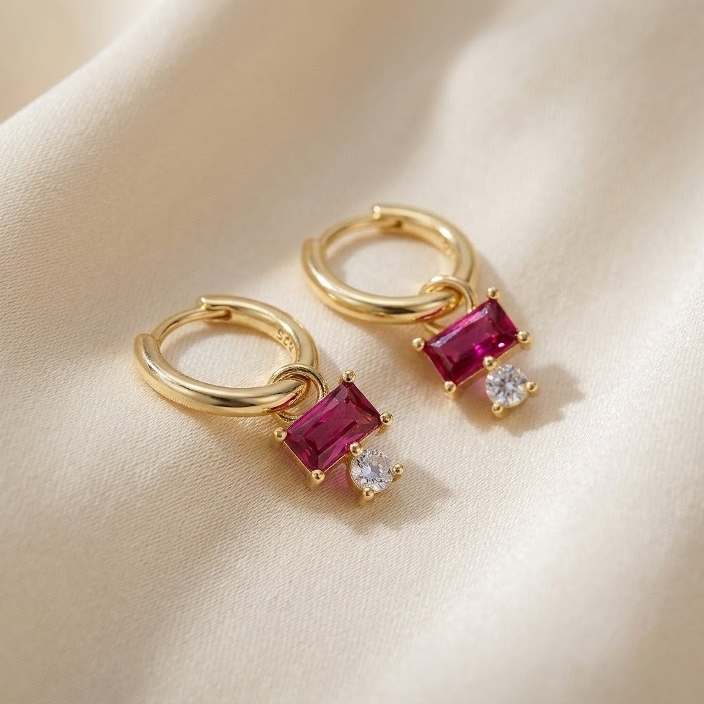 Ruby Red Drop Hoop Earrings