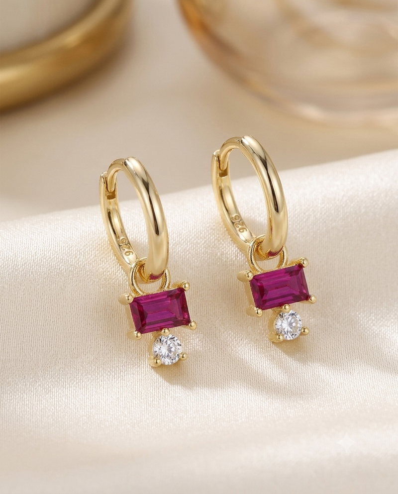 Ruby Red Drop Hoop Earrings
