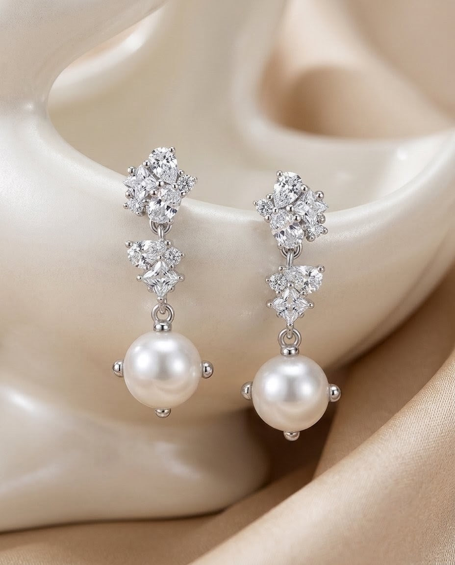 Pearl & CZ Cluster Earrings