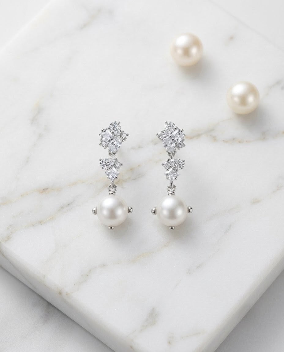 Pearl & CZ Cluster Earrings