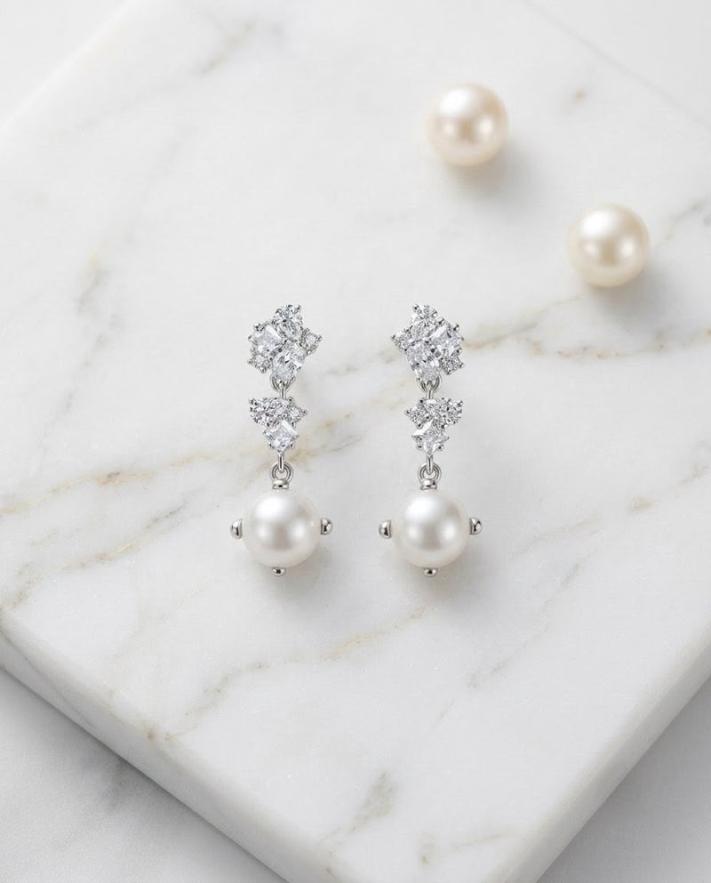 Pearl & CZ Cluster Earrings