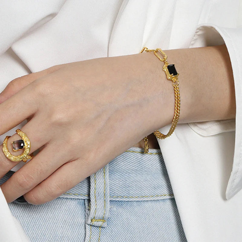 Aurilyn Layered Black Bead Chain Bracelet - 18K Gold Plated Preimum