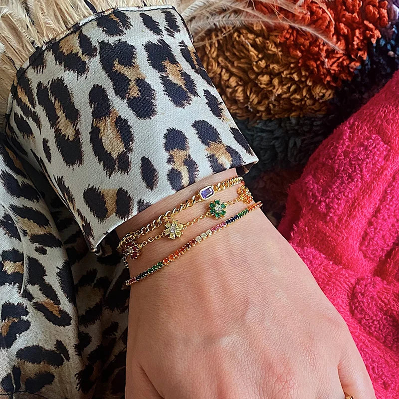 Premium 24K Gold Plated 925 Sterling Silver Multi-Color Flower Station Bracelet