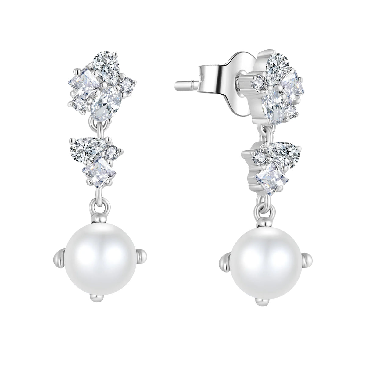 Pearl and CZ Cluster Earrings, freshwater pearl 925 silver — Aurilyn