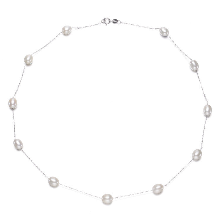 Nautical Pearl Station Necklace, freshwater pearls 925 silver — Aurilyn