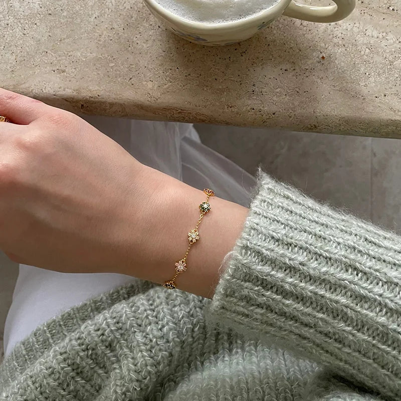 Multi-Colour Flower Bracelet 18K Gold Plated 925 Sterling Silver