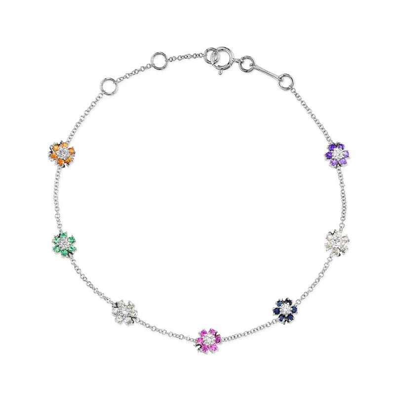 Premium 24K Gold Plated 925 Sterling Silver Multi-Color Flower Station Bracelet