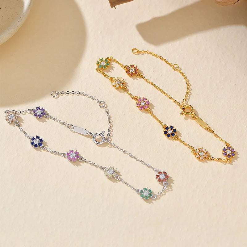 Multi-Colour Flower Bracelet 18K Gold Plated 925 Sterling Silver