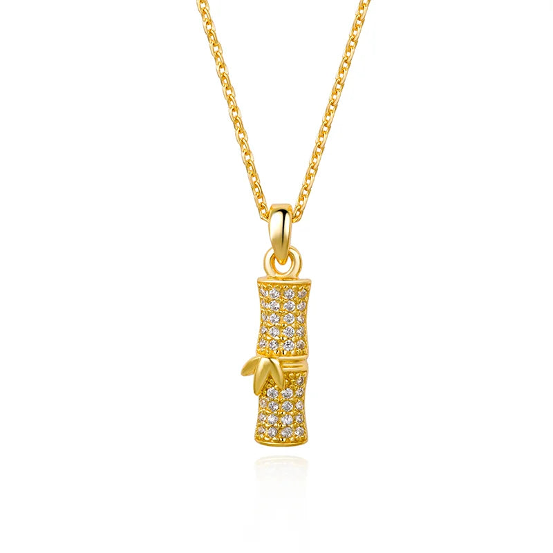 Bamboo Pave Pendant Necklace, 18K gold plated 925 silver — Aurilyn
