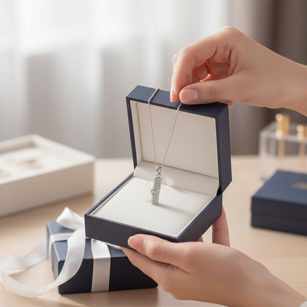 Silver necklace with a cylindrical pendant on a white background
