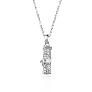 Rhodium-plated sterling silver bamboo pavé pendant necklace with CZ detailing on a white background