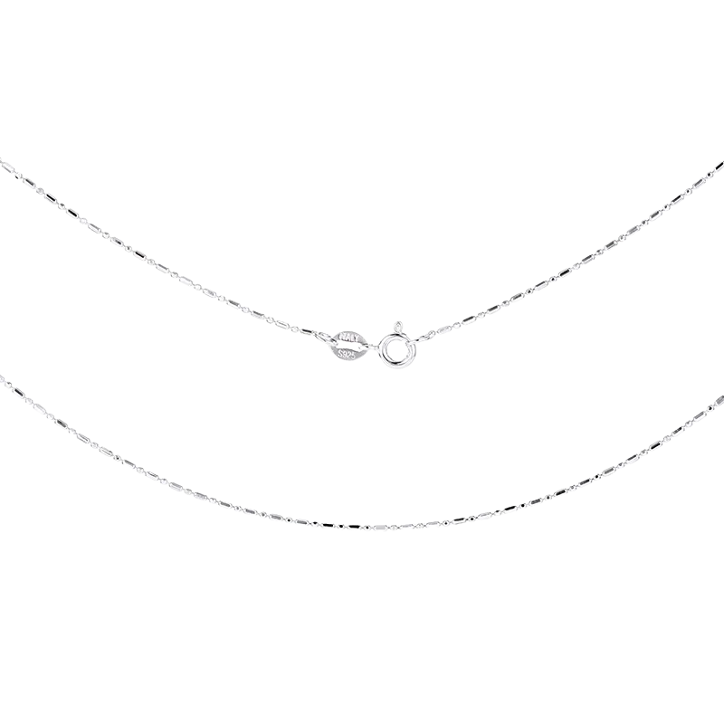 Silver necklace with a small pendant on a white background