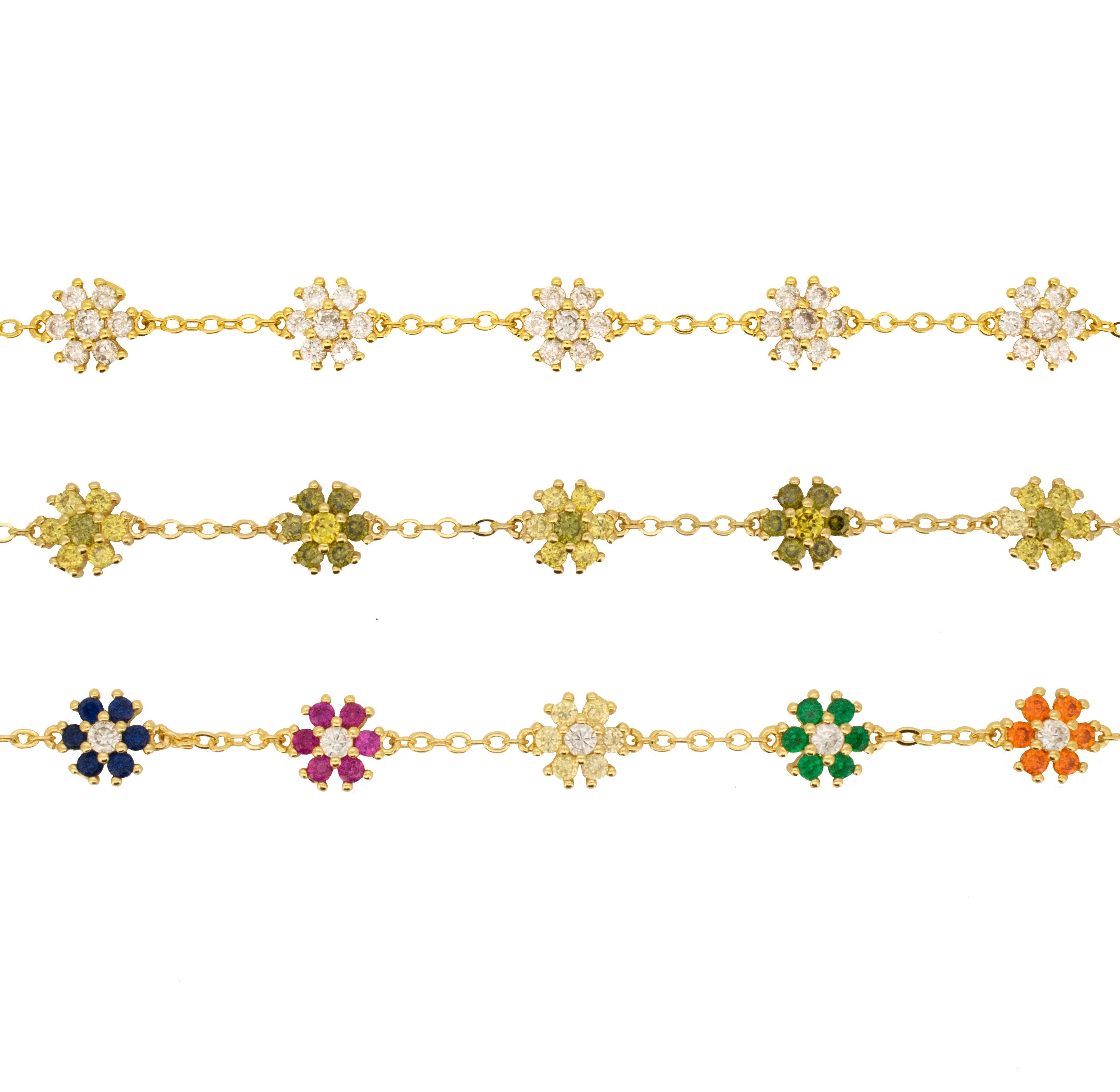 Premium 24K Gold Plated 925 Sterling Silver Multi-Color Flower Station Bracelet
