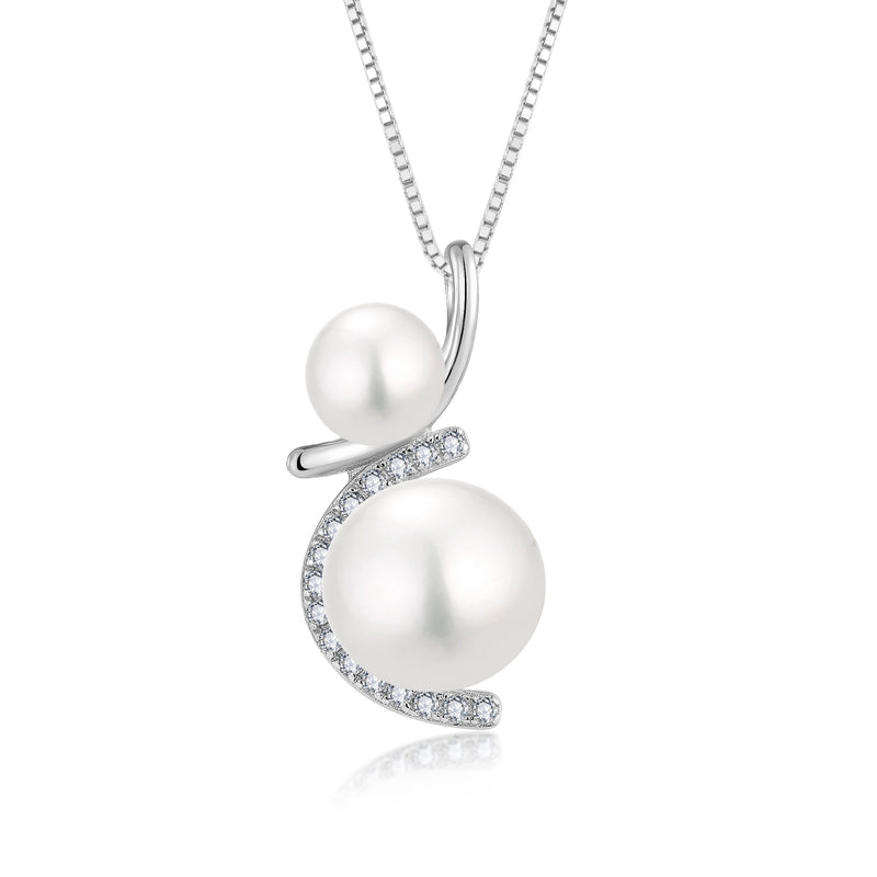 Double Pearl Pave Curve Pendant, freshwater pearls silver — Aurilyn