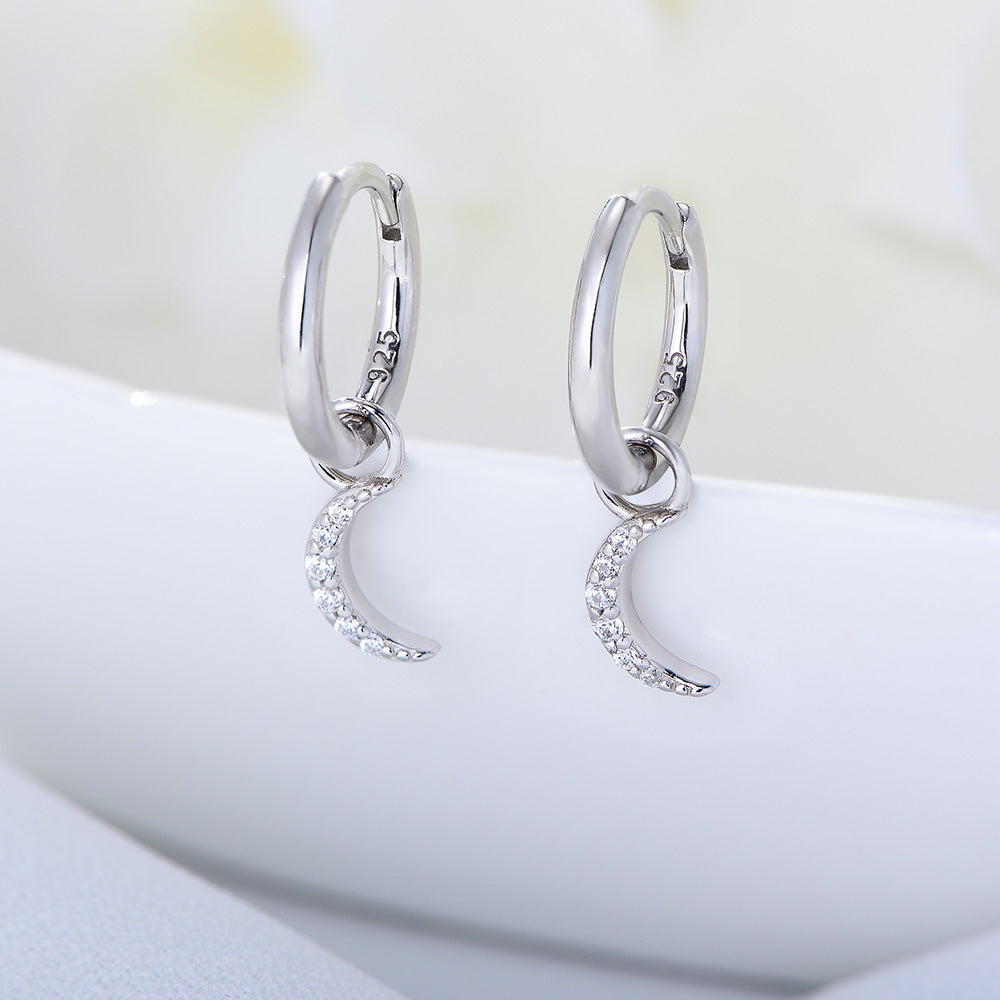 Crescent Moon-Drop Hoop Earrings