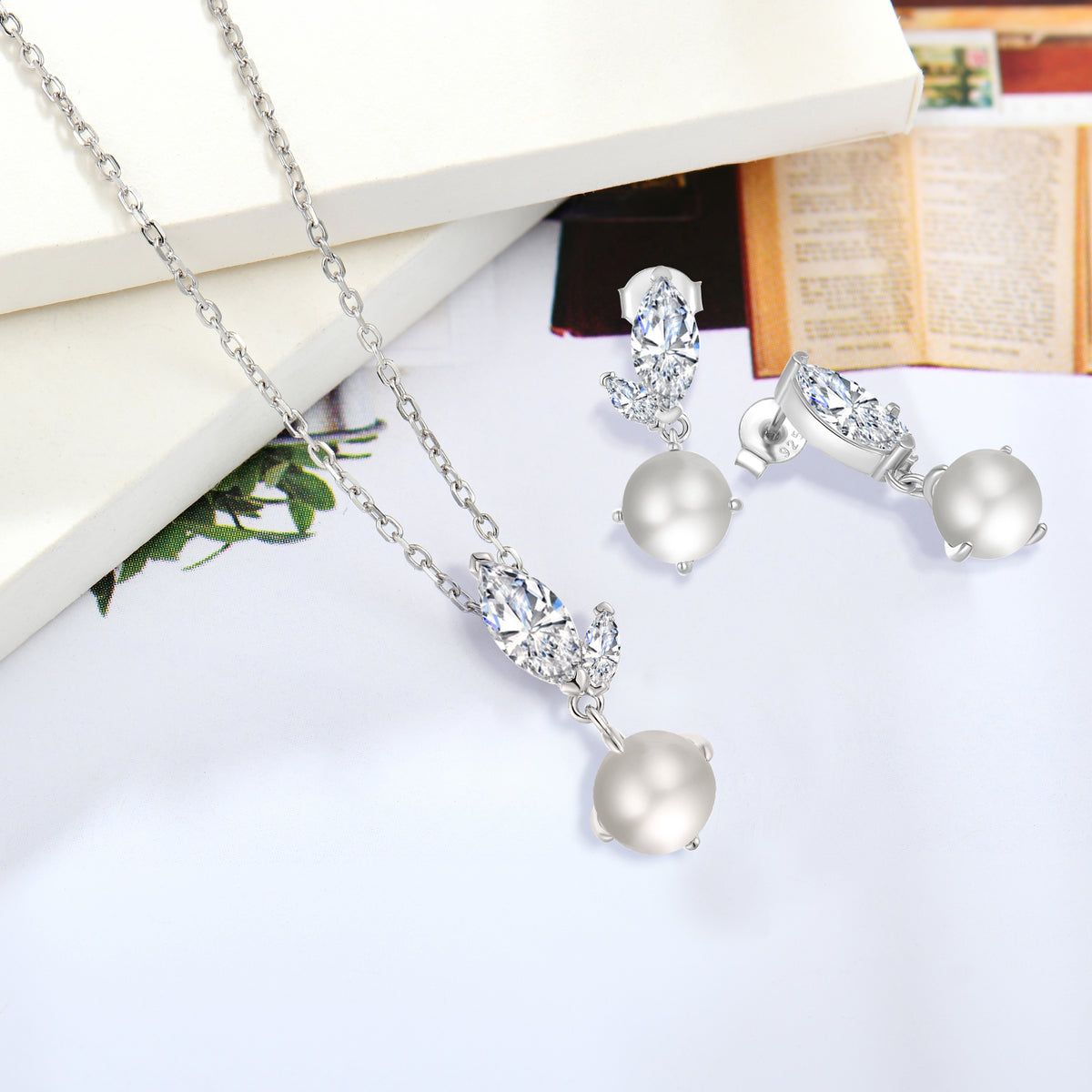 Leaf CZ Cluster Pearl Pendant