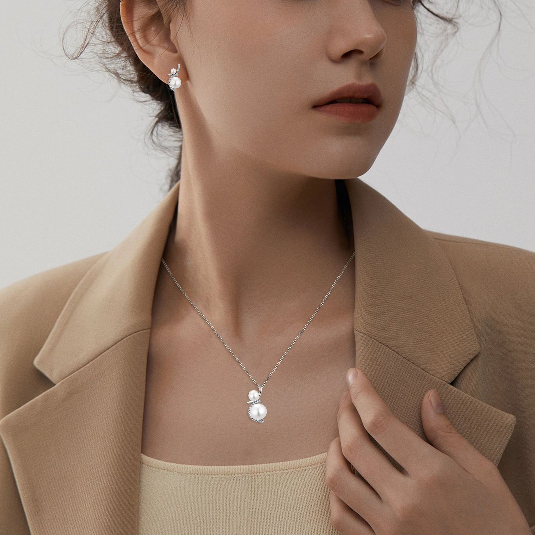 Aurilyn Double Pearl Pave Curve Necklace