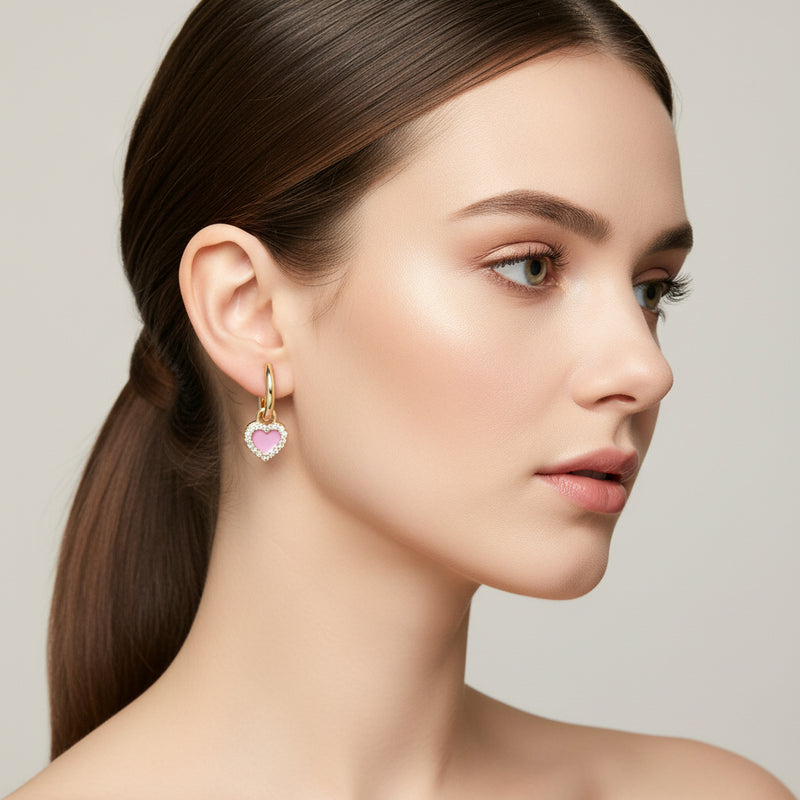 Pink Enamel Heart Hoop Earrings