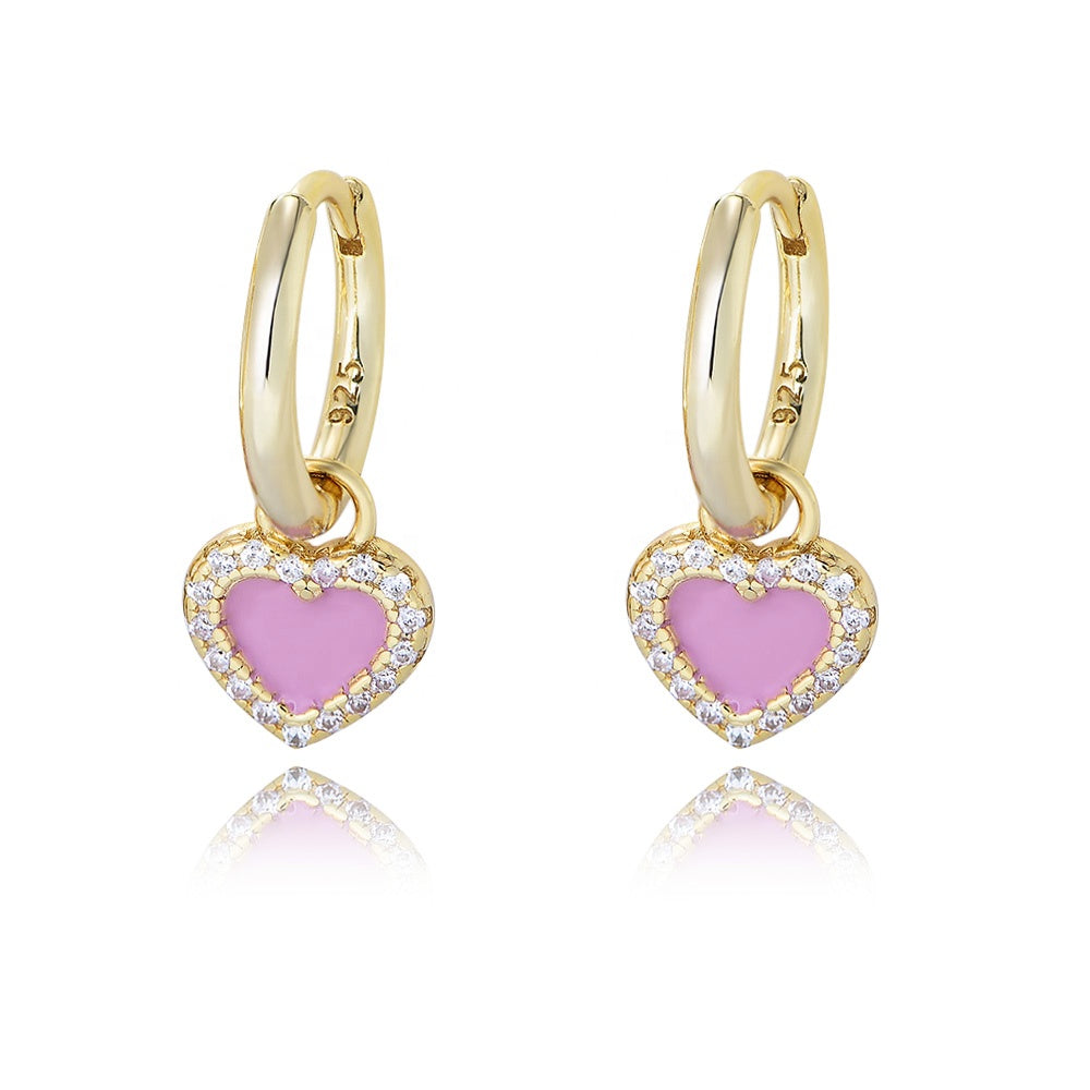 Pink Enamel Heart Hoop Earrings, gold plated 925 silver — Aurilyn