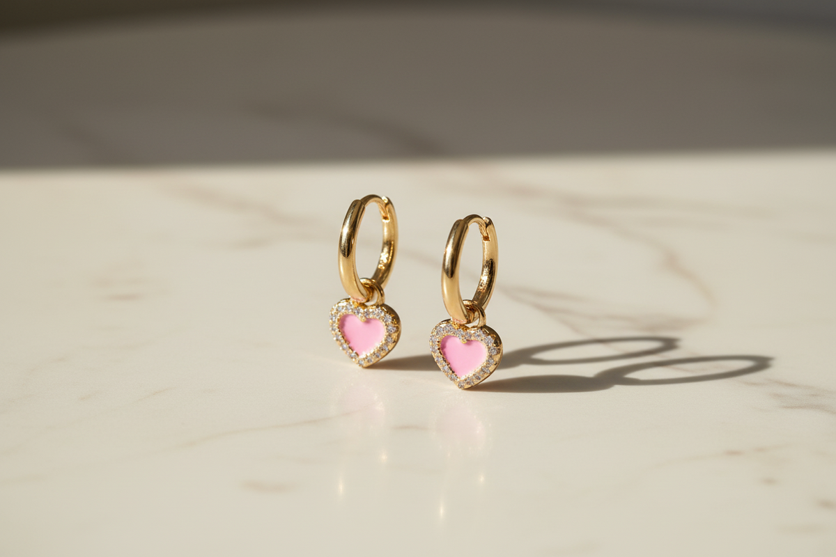 Pink Enamel Heart Hoop Earrings