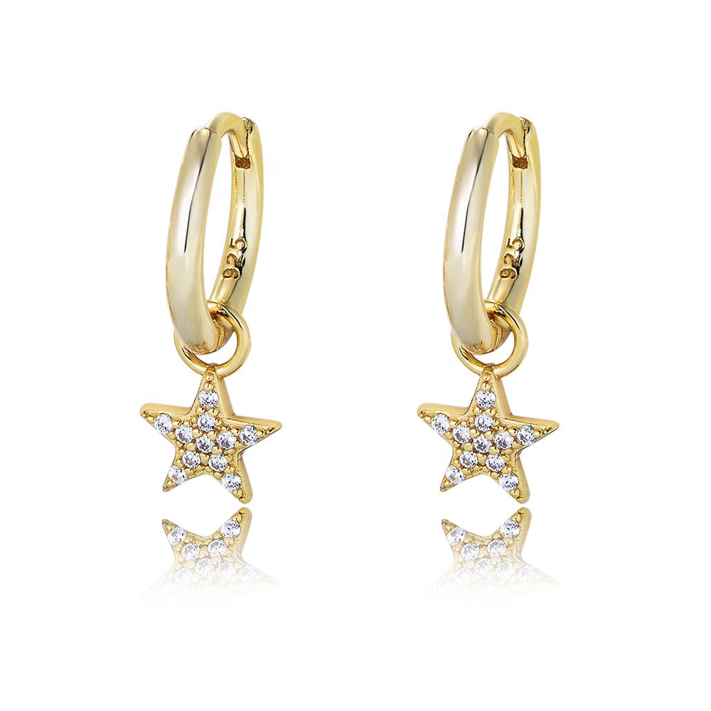 Star Drop Hoop Earrings with pave star, 925 silver — Aurilyn