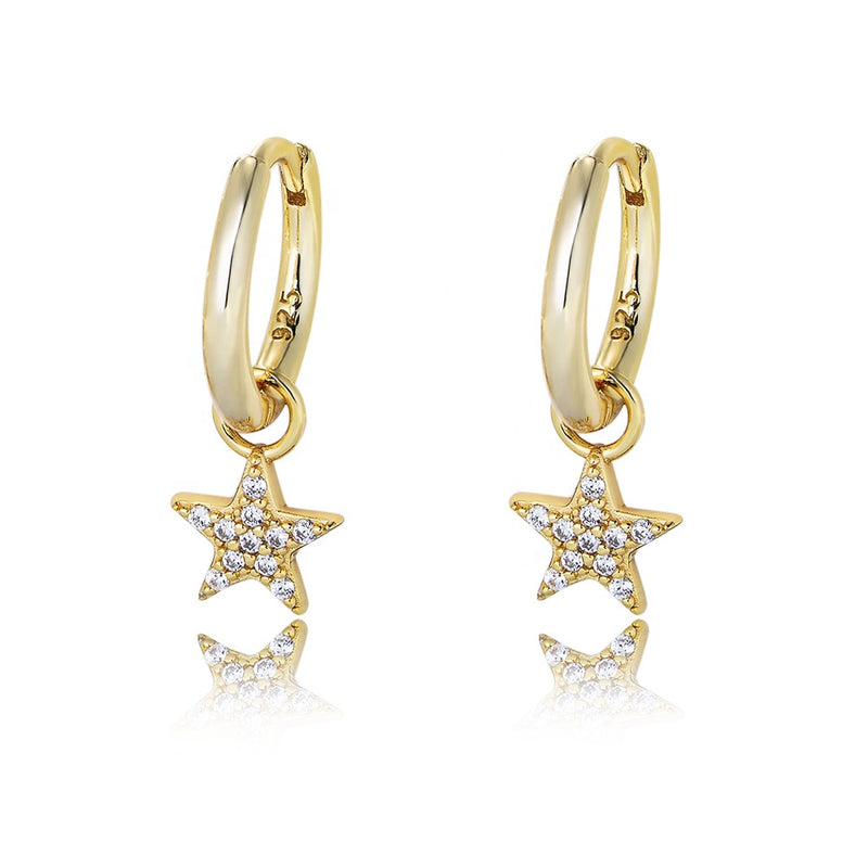 Star Drop Hoop Earrings with pave star, 925 silver — Aurilyn