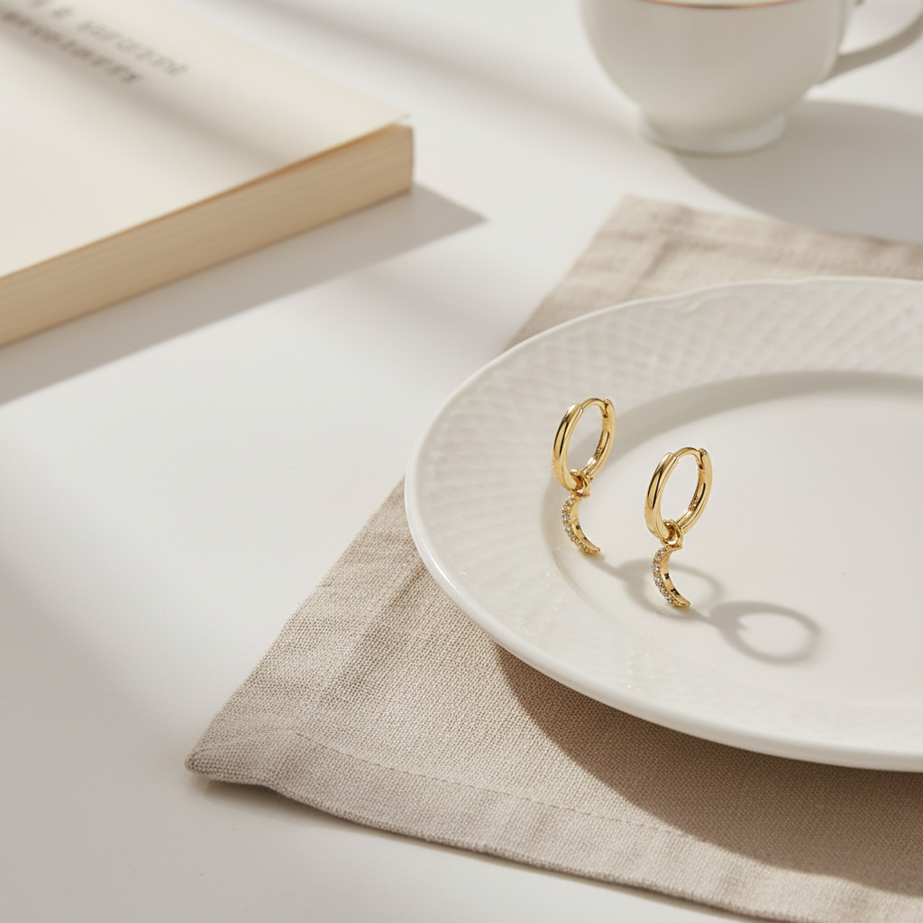 Crescent Moon Drop Hoop Earrings