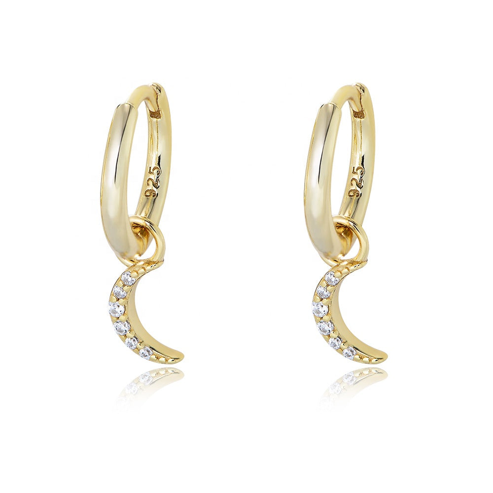 Crescent Moon Drop Hoop Earrings, gold plated 925 silver — Aurilyn