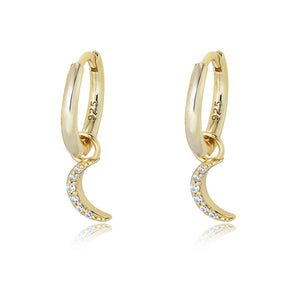 Crescent Moon Drop Hoop Earrings, gold plated 925 silver — Aurilyn