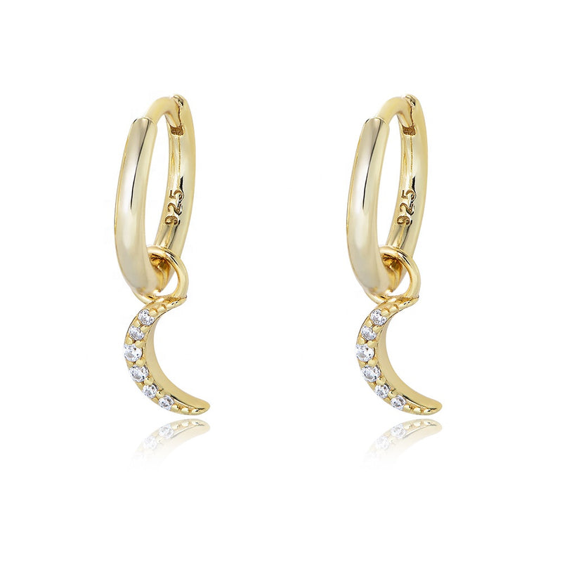 Crescent Moon Drop Hoop Earrings, gold plated 925 silver — Aurilyn