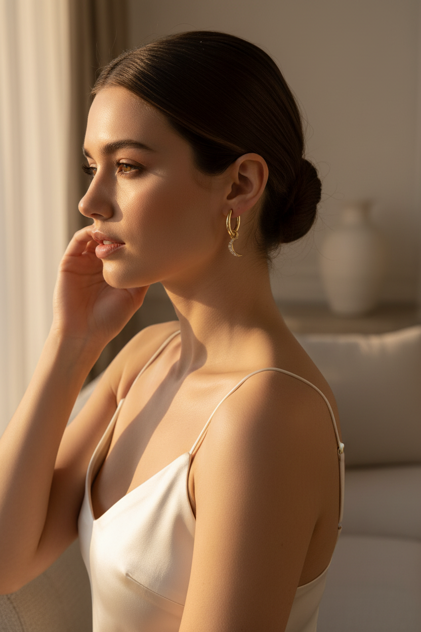 Crescent Moon-Drop Hoop Earrings