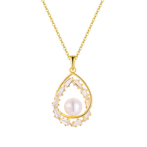 Baguette Teardrop Pearl Pendant, freshwater pearl CZ — Aurilyn