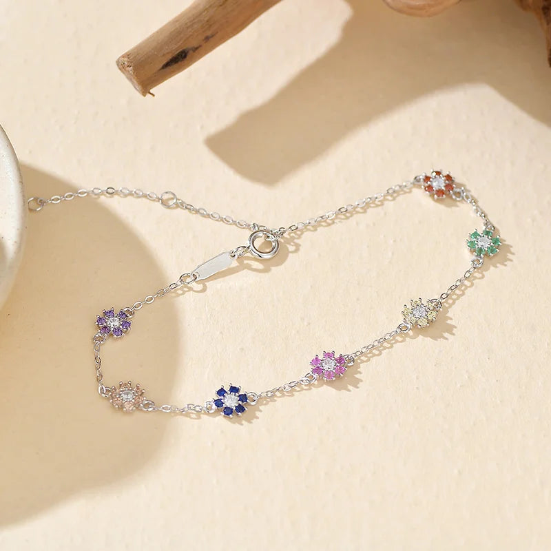 Multi-Colour Flower Bracelet 18K Gold Plated 925 Sterling Silver