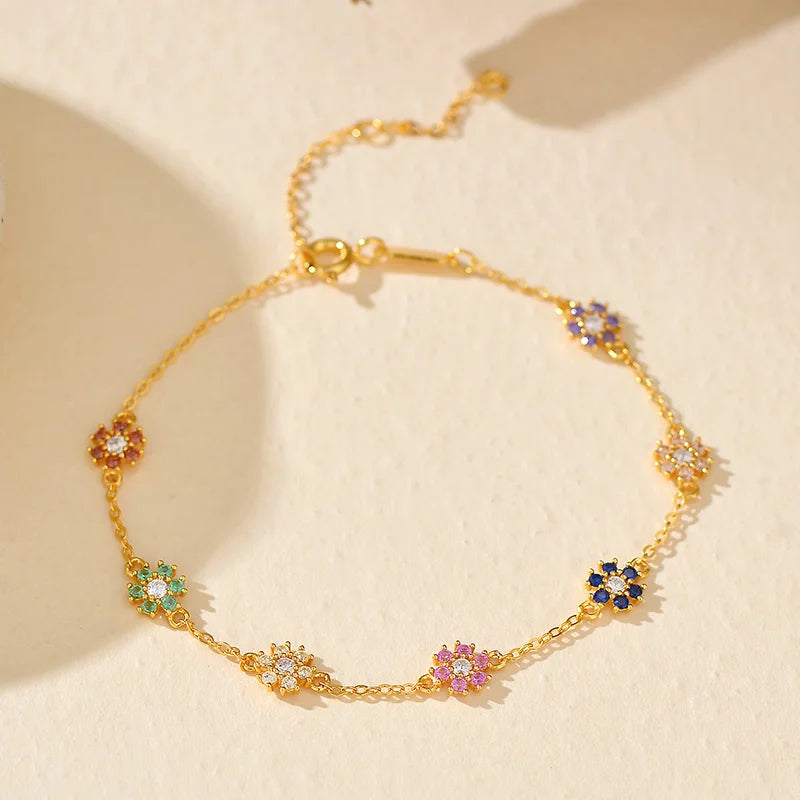 Premium 24K Gold Plated 925 Sterling Silver Multi-Color Flower Station Bracelet