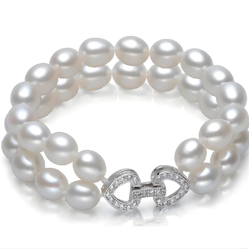 Aurilyn 5A Natural Pearl Double Strand Bracelet with Pavé Clasp - Premium Collection