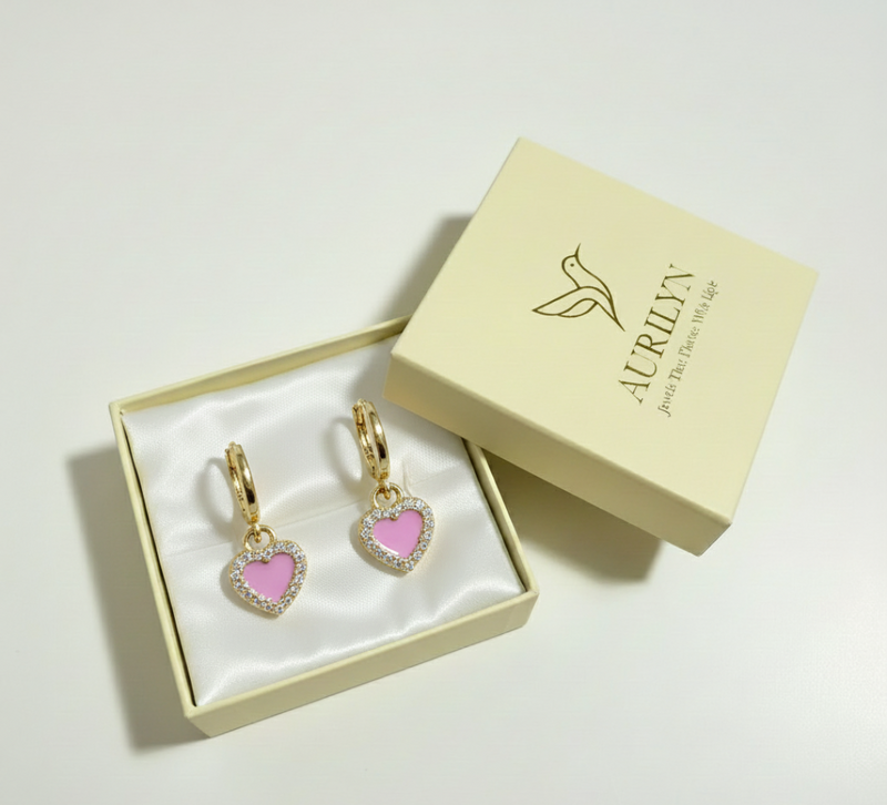Pink Enamel Heart Hoop Earrings