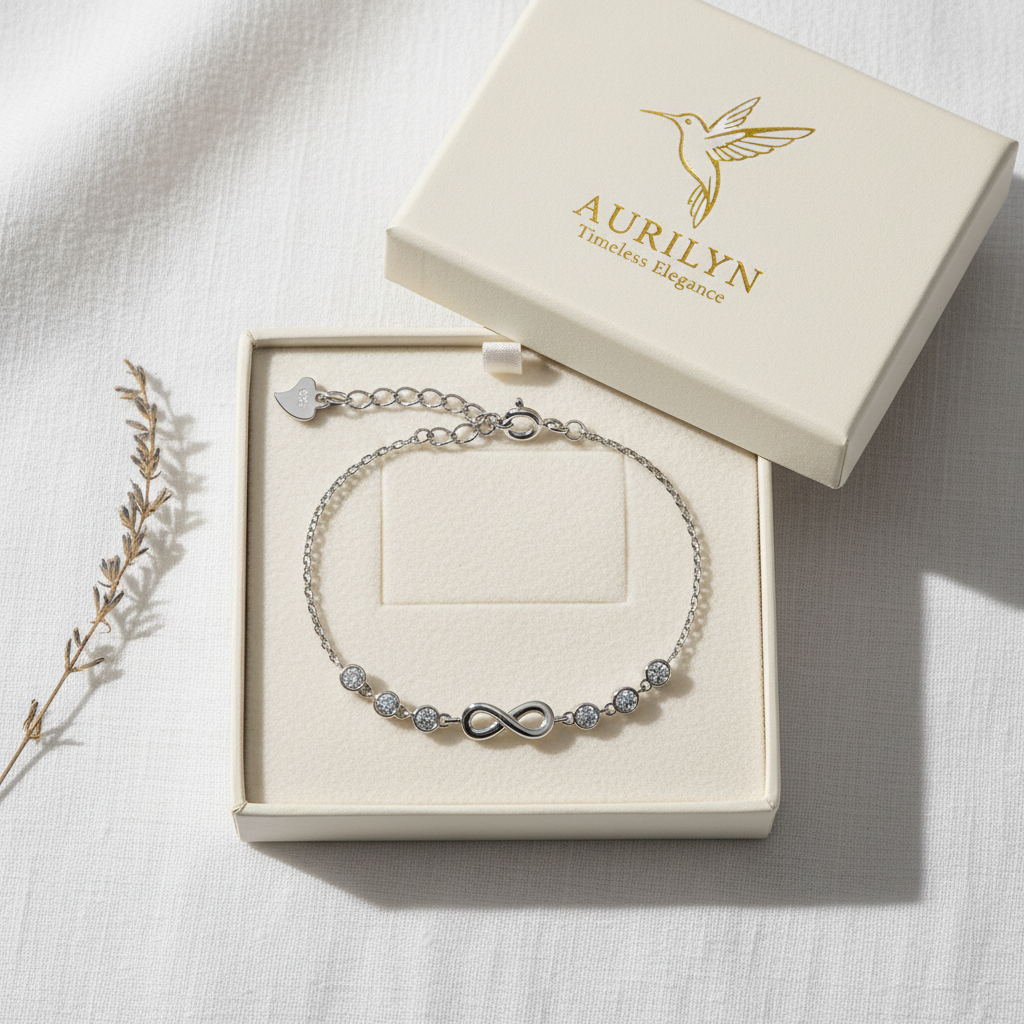 Flat lay silver infinity bracelet on branded box
