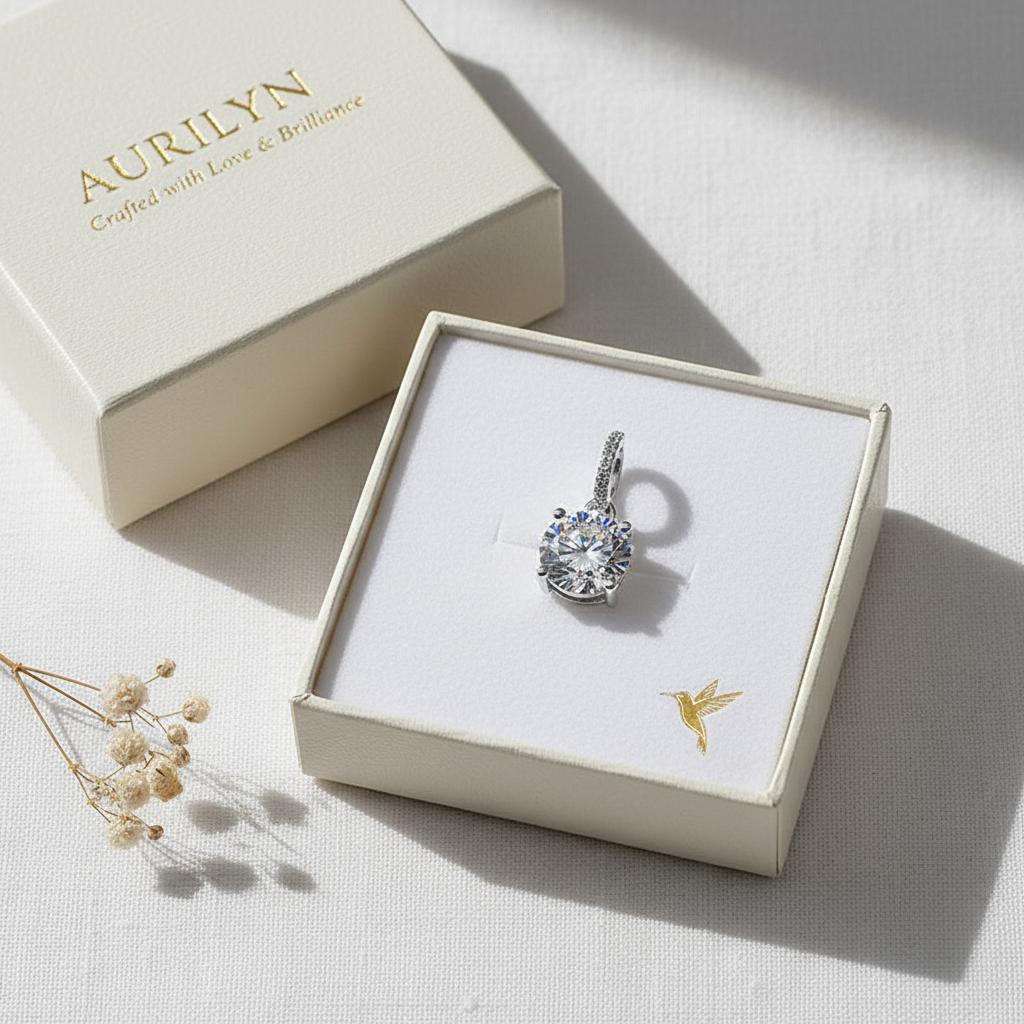Flat lay with pendant on branded box