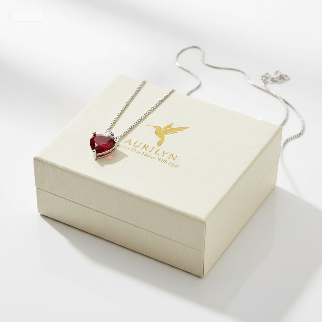 Gift-ready red heart pendant on box