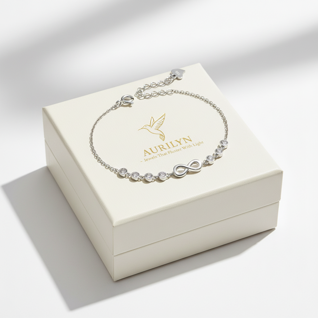 Gift-ready silver infinity bracelet on box