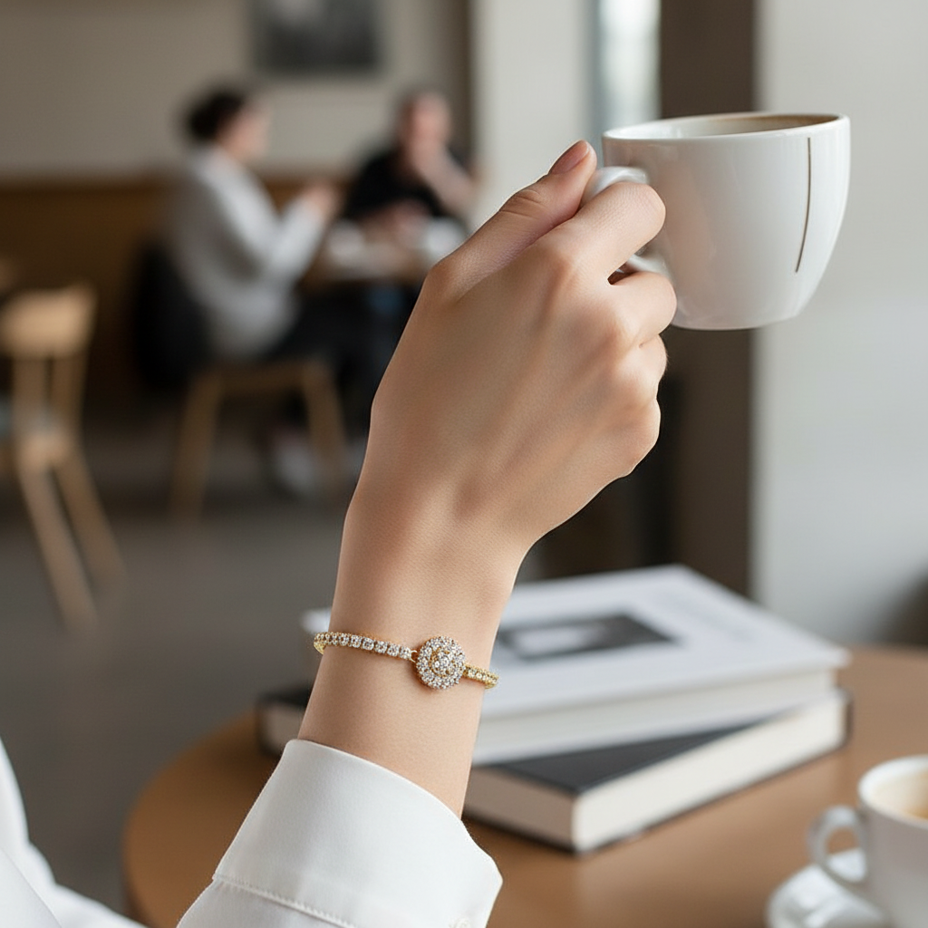 Gold bracelet in café setting