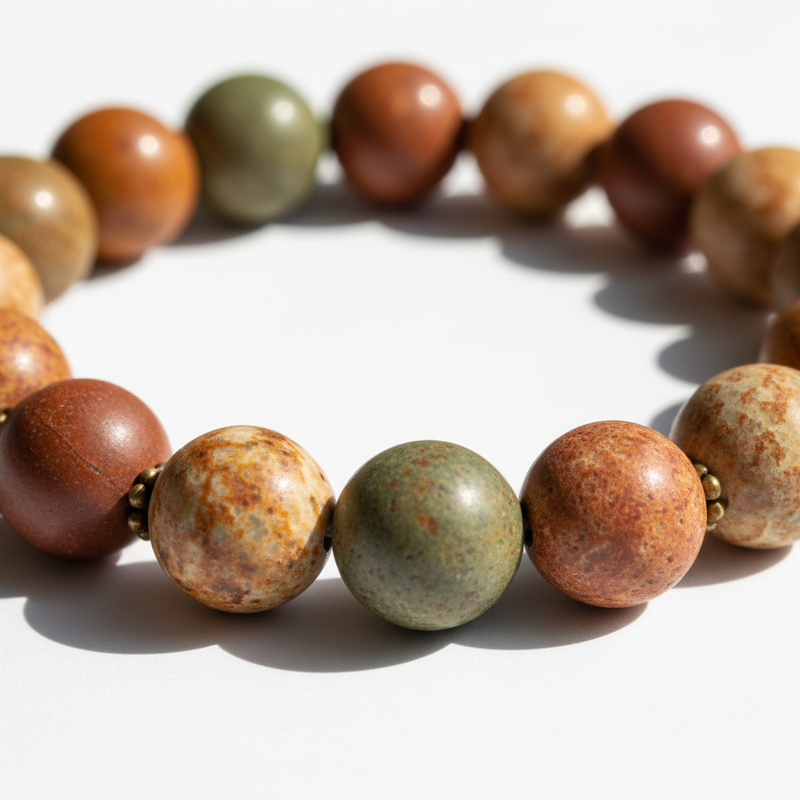 Close-up of polished natural jasper beads showing varied banding, mottling and warm earth tones