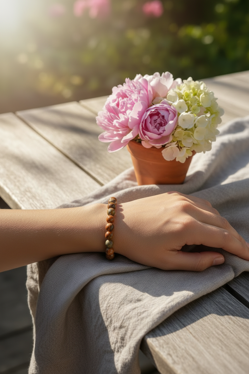 Jasper bracelet lifestyle shot with flowers
