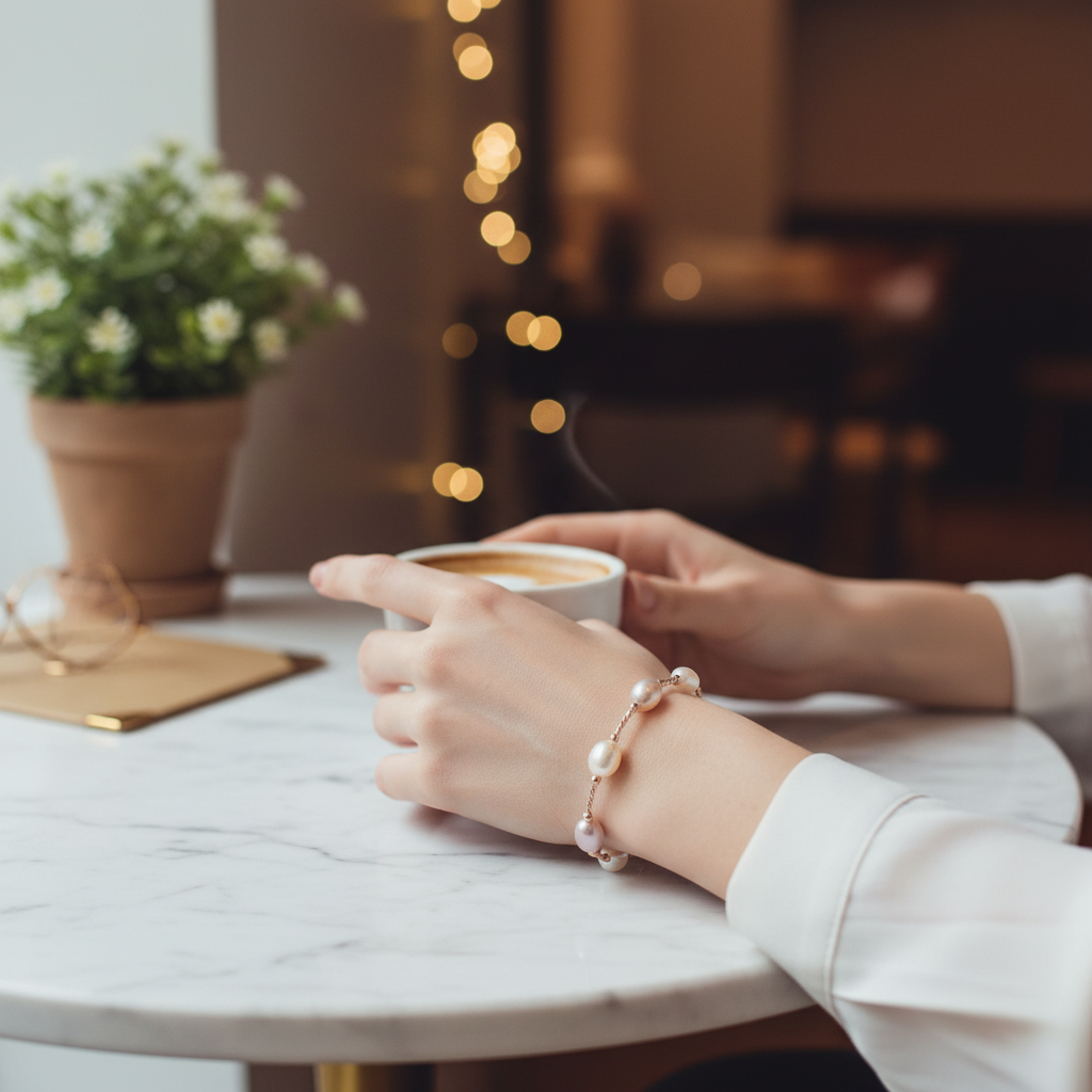 Lifestyle image of pearl and rose gold bracelet
