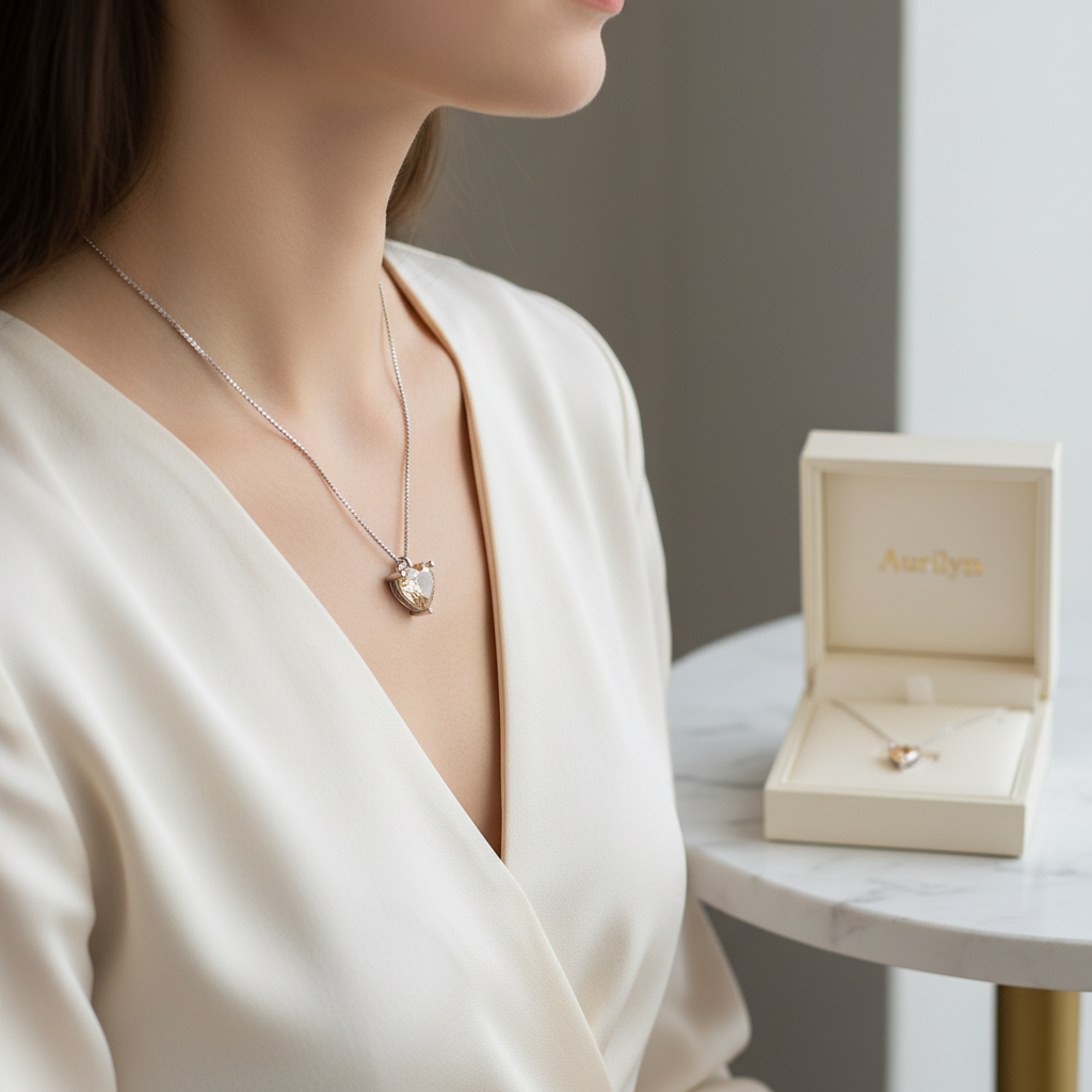 Lifestyle shot wearing champagne heart pendant