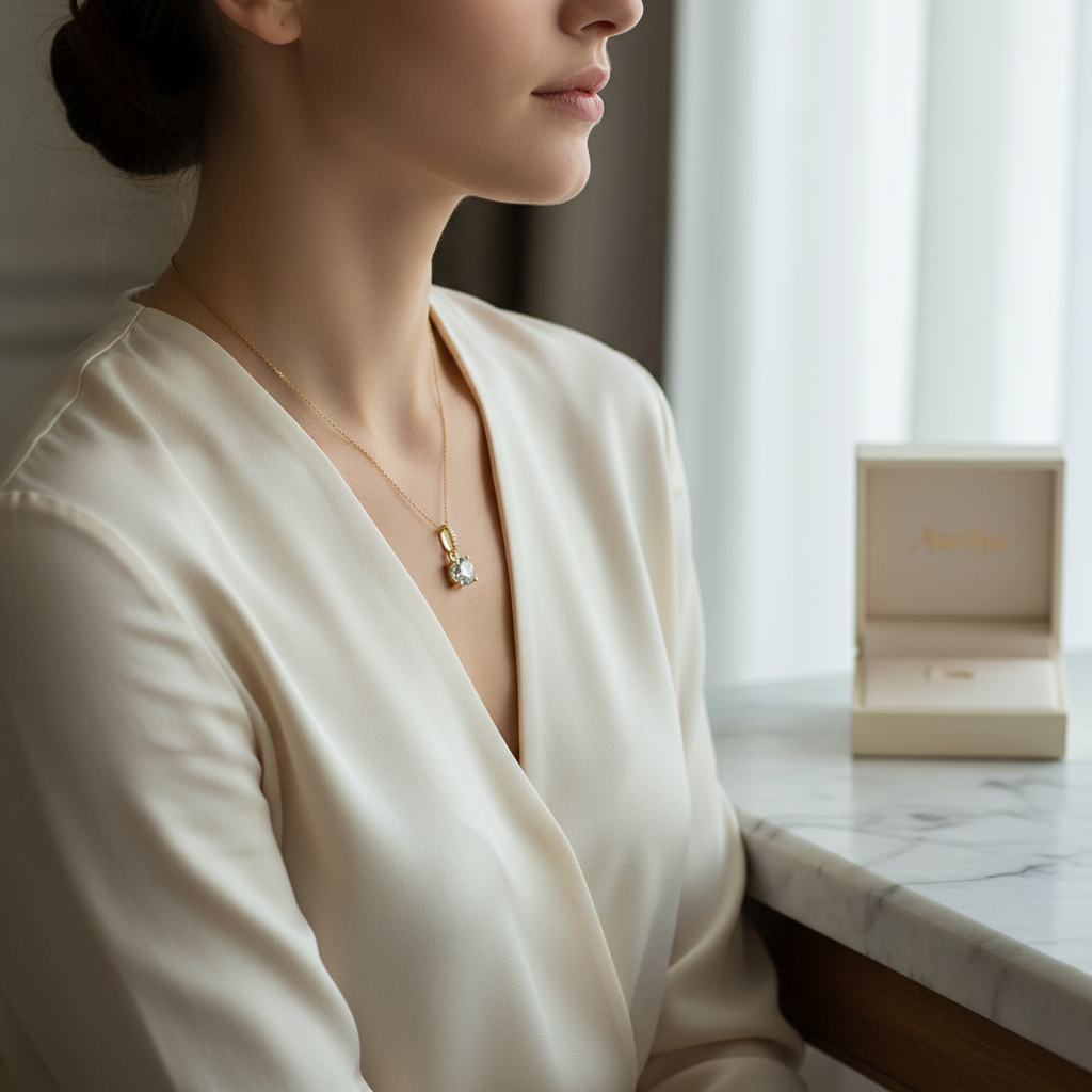 Lifestyle shot wearing pendant with box in background