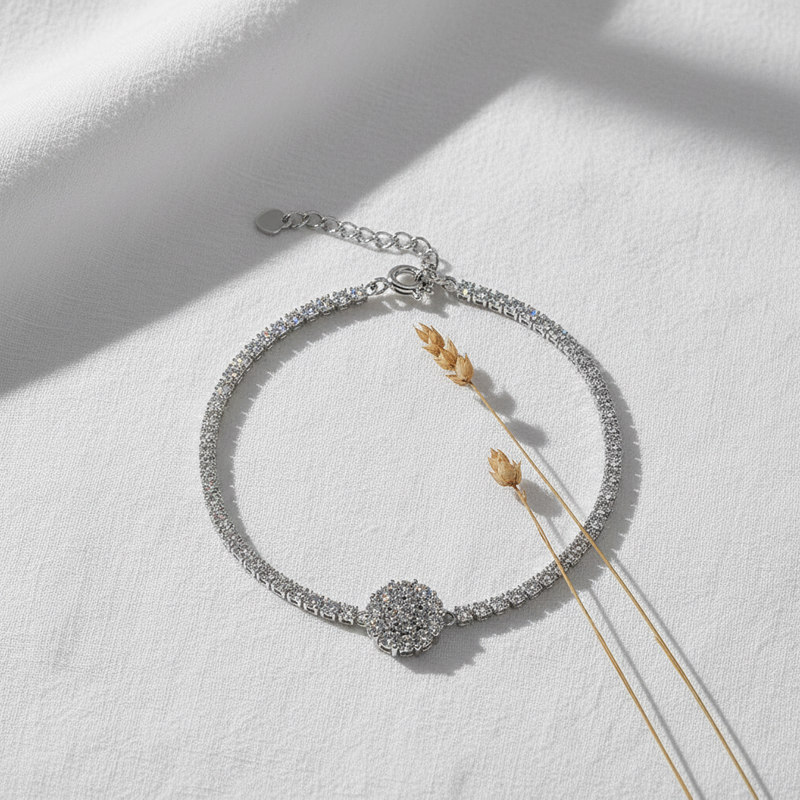 Silver bracelet flat lay composition